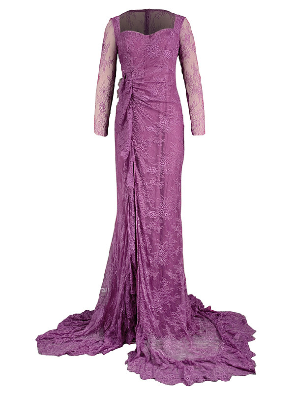 Split-side See-Through Mesh Mermaid Long Sleeves Square-neck Maxi Dresses Evening Dresses