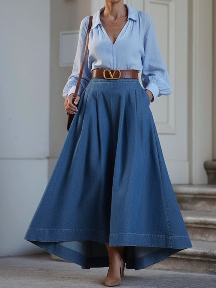 Solid Color Pockets Pleated High-Low High Waisted Skirts Bottoms