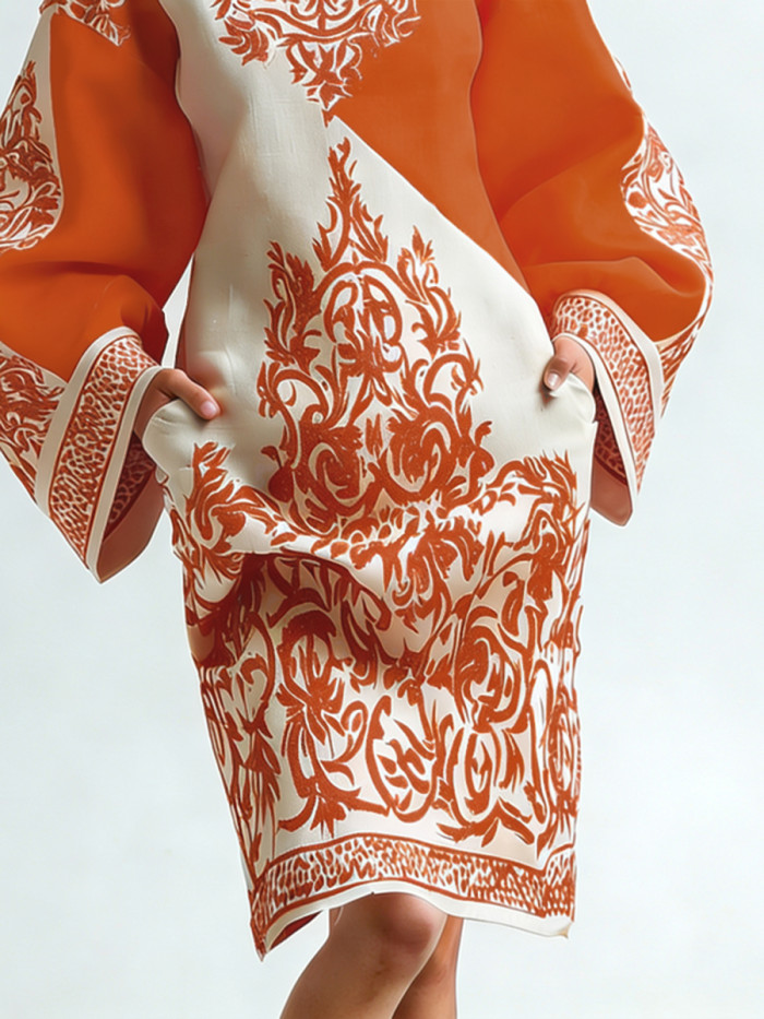 Pockets Flower Print Contrast Color Loose Long Sleeves Round-neck Mini Dresses
