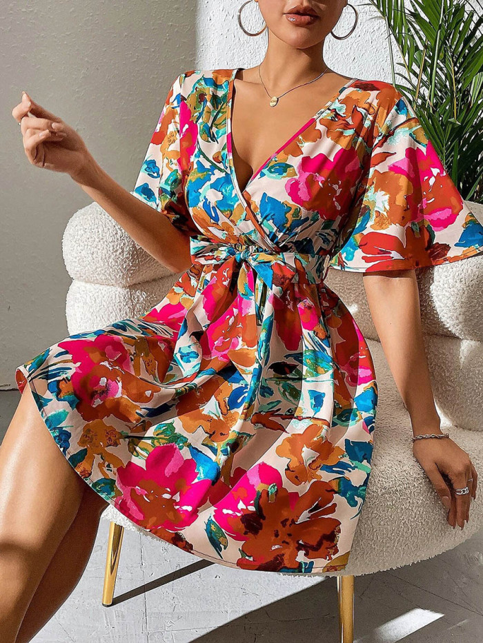 Tied Waist Split-Joint Printed Pleated Contrast Color Short Sleeves High Waisted Deep V-Neck Mini Dresses