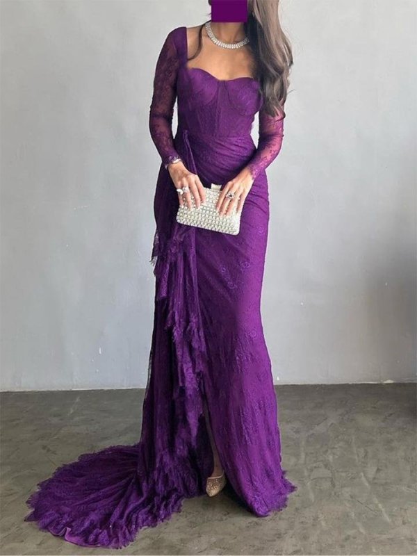 Split-side See-Through Mesh Mermaid Long Sleeves Square-neck Maxi Dresses Evening Dresses