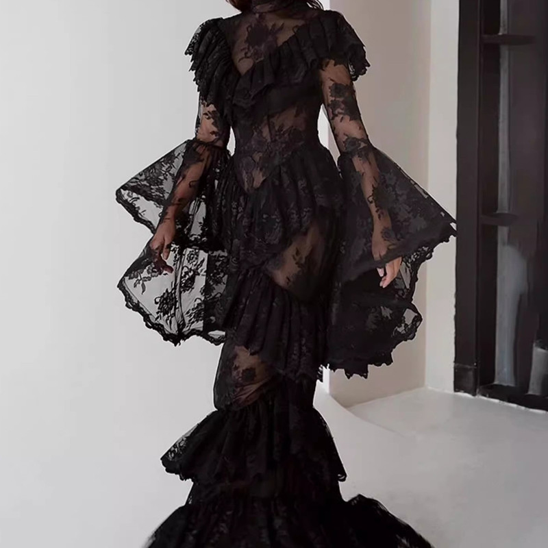 Elegant Half Hight Collar Solid Sexy Lace Embroidery Waist Slim Gown Sexy Formal Evening Dress
