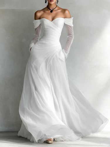 ✨ Elegant Off Shoulder Mesh Splicing Draped Long Sleeve Maxi Dress