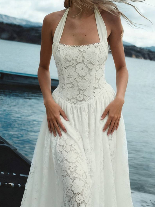 Sexy Lace Embroidery Solid Beach Fashion Halter Sleeveless Slim A-Line Elegant Backless Hollow Long Dress