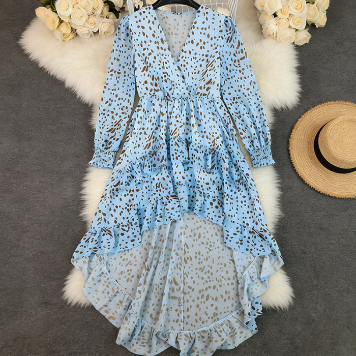 Fashion Print Hight Waist Party Elegant V-neck Irregular Hem Casual Long Sleeve Ruffled Maxi Dress