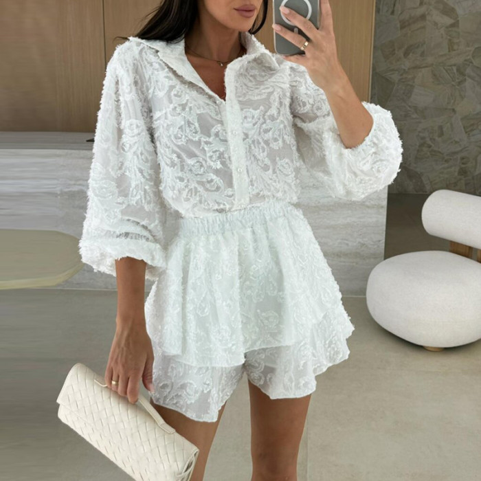 🖤 Summer Lace Ruffle 2-Piece Set – Lapel Shirt & Shorts Casual Beach Outfit