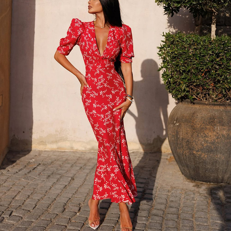 🌷 Elegant Floral Print Puff Sleeve High Waist Fishtail Party Dress