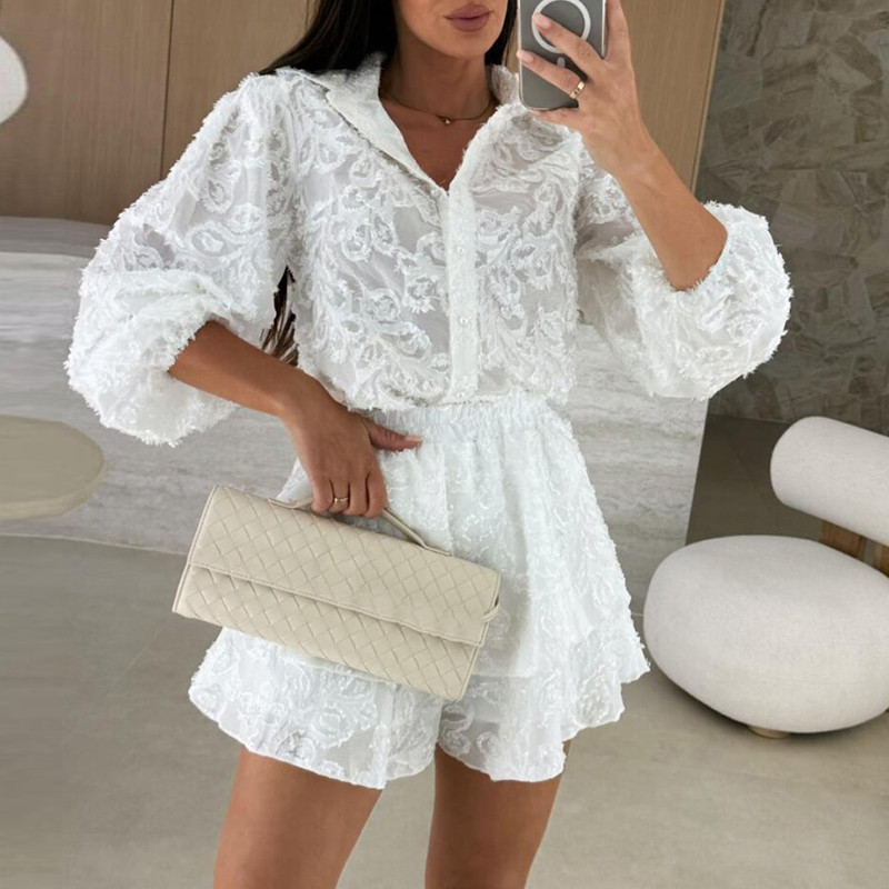 🖤 Summer Lace Ruffle 2-Piece Set – Lapel Shirt & Shorts Casual Beach Outfit