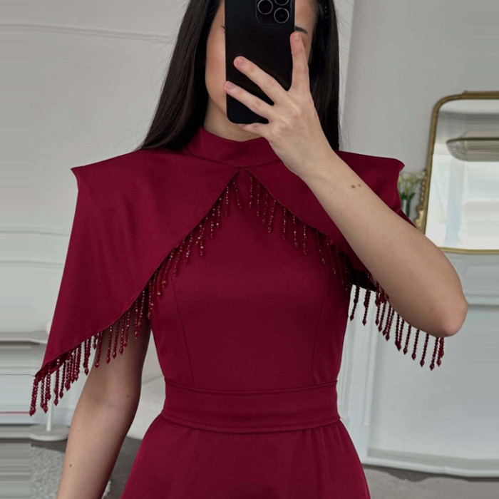 ✨ Elegant High Neck Shawl Sleeve Beaded Waist Tassel Splicing Party Gown