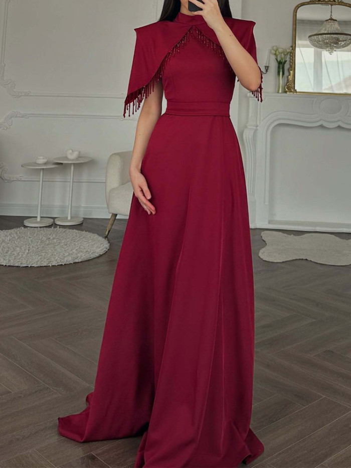 ✨ Elegant High Neck Shawl Sleeve Beaded Waist Tassel Splicing Party Gown