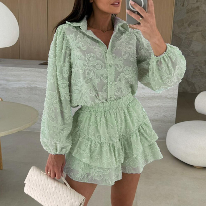 🖤 Summer Lace Ruffle 2-Piece Set – Lapel Shirt & Shorts Casual Beach Outfit