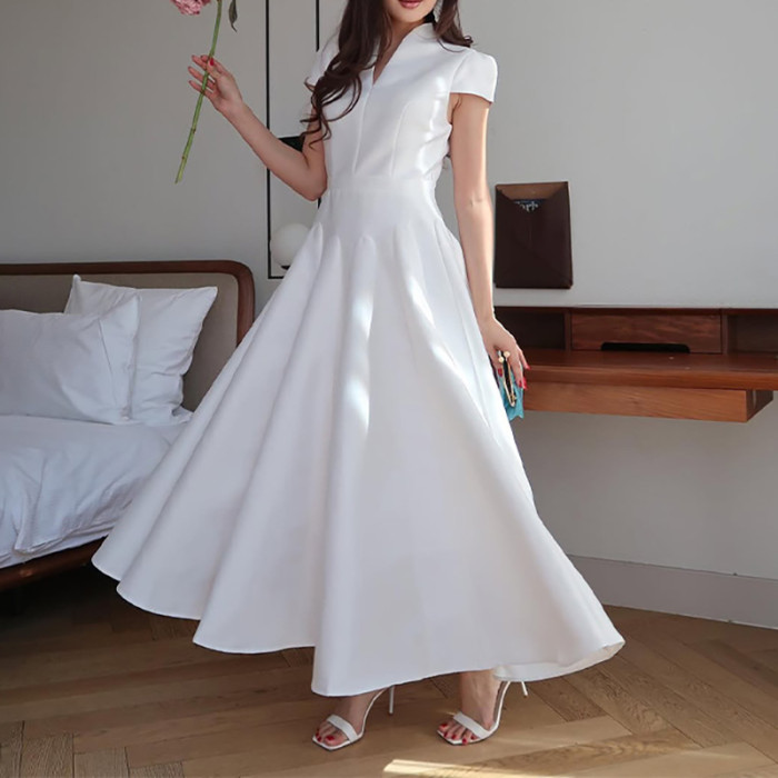 ✨ Elegant Deep V-Neck Flared Sleeve Draped High Waist Party Long Dress