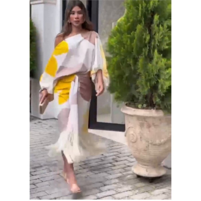🖤 Fringed Printed Asymmetrical Collar Mid Sleeve Skirt Set