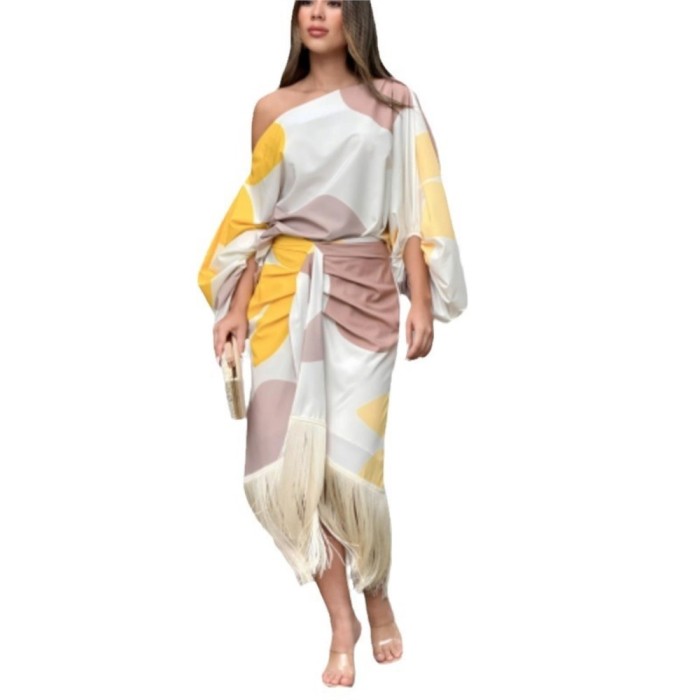 🖤 Fringed Printed Asymmetrical Collar Mid Sleeve Skirt Set