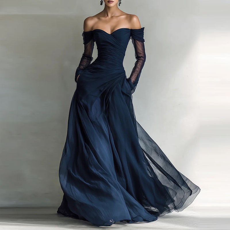 ✨ Elegant Off Shoulder Mesh Splicing Draped Long Sleeve Maxi Dress