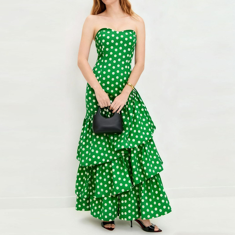 🎀 Elegant Polka Dot Strapless Backless Cake Dress – Sleeveless Layered Waist Party Gown