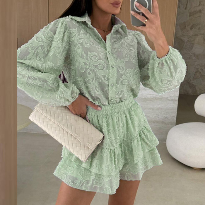 🖤 Summer Lace Ruffle 2-Piece Set – Lapel Shirt & Shorts Casual Beach Outfit