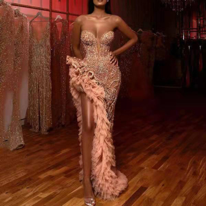 ✨ Elegant Sequined Off Shoulder Mesh Party Dress – Strapless High Waist Irregular Slim Gown