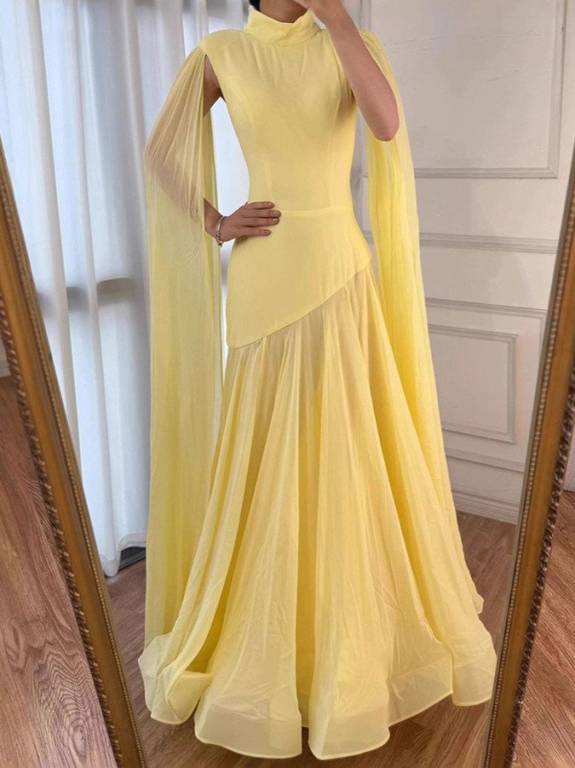 ✨ High Neck Sleeveless Pleated Splicing Floor Length Prom Dress