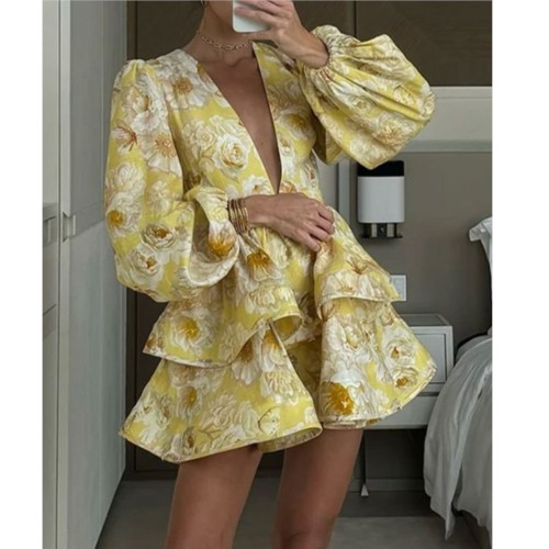 💃 Elegant Deep V Neck Bubble Long Sleeve Dress – Fashion Printed Ruffle Patchwork Sexy Party Mini Dress