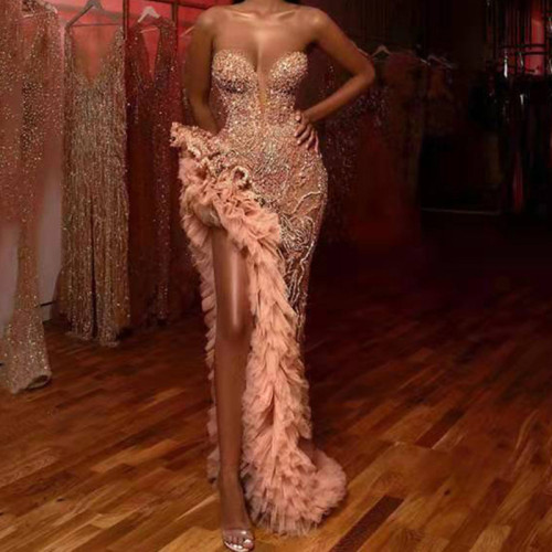 ✨ Elegant Sequined Off Shoulder Mesh Party Dress – Strapless High Waist Irregular Slim Gown