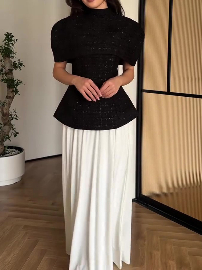 ✨ Elegant Turtleneck Cape 3-Piece Set – Off Shoulder Top & Draped Long Skirt Party Outfit