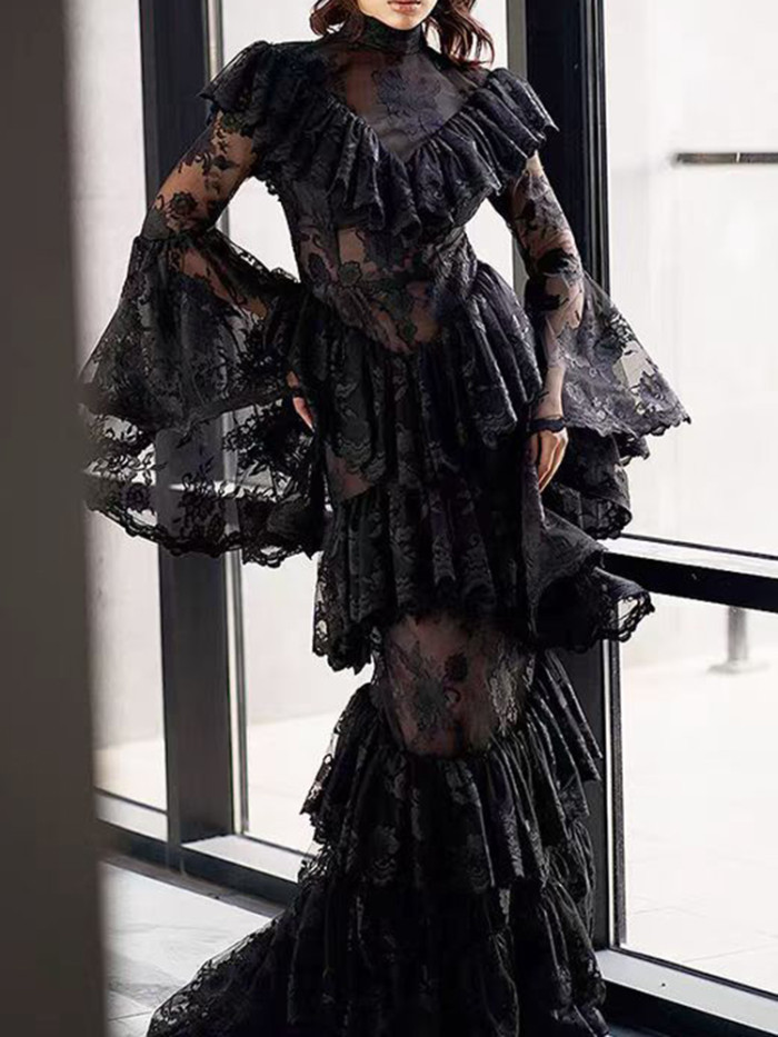 Elegant Half Hight Collar Solid Sexy Lace Embroidery Waist Slim Gown Sexy Formal Evening Dress