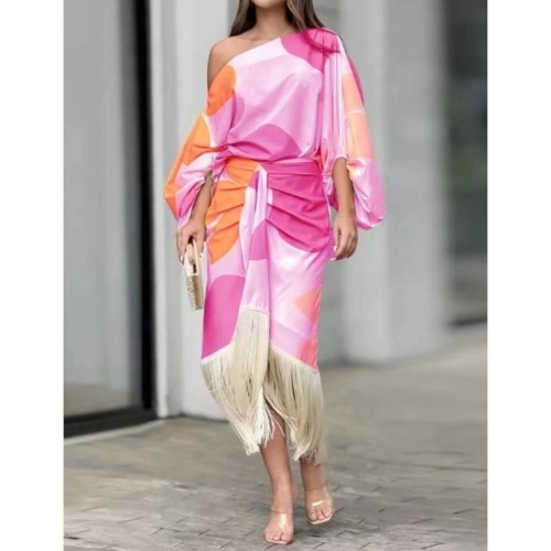 🖤 Fringed Printed Asymmetrical Collar Mid Sleeve Skirt Set