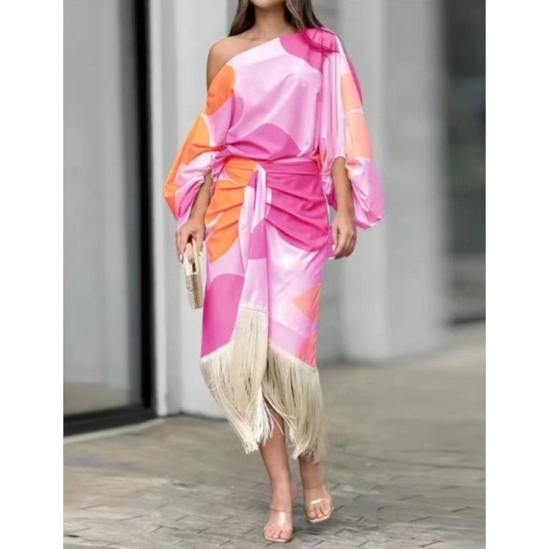 🖤 Fringed Printed Asymmetrical Collar Mid Sleeve Skirt Set