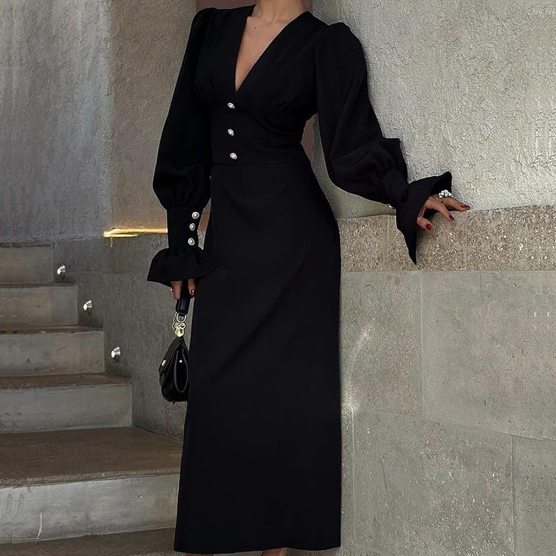 🖤 Elegant Deep V Chiffon Lantern Sleeve Draped Slim Evening Dress