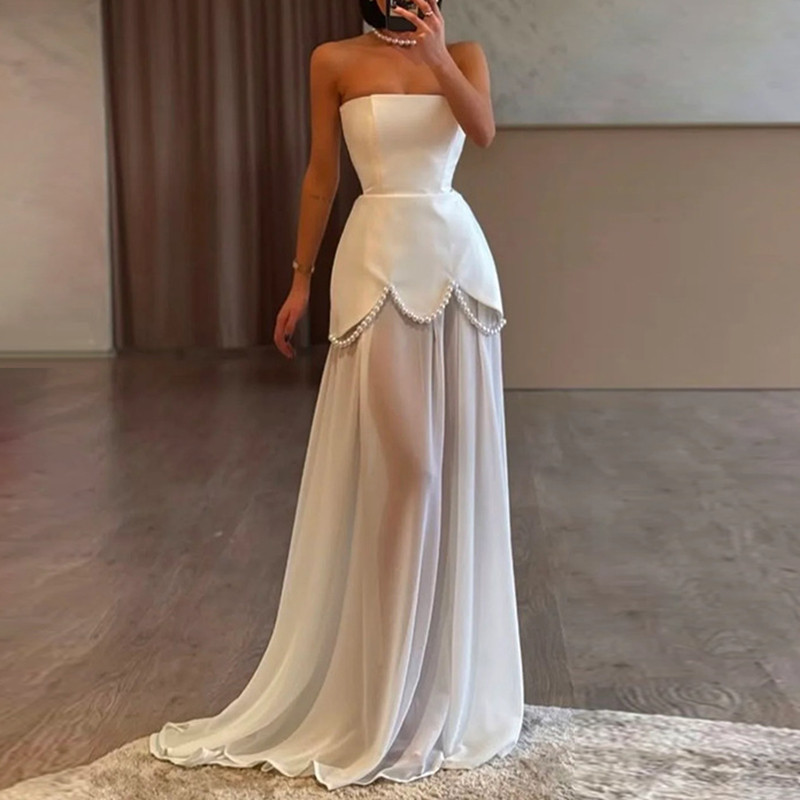 💍 Strapless Pearl Chain Wedding Dress – Floral Hem Shawl Ribbon Paneled Gown