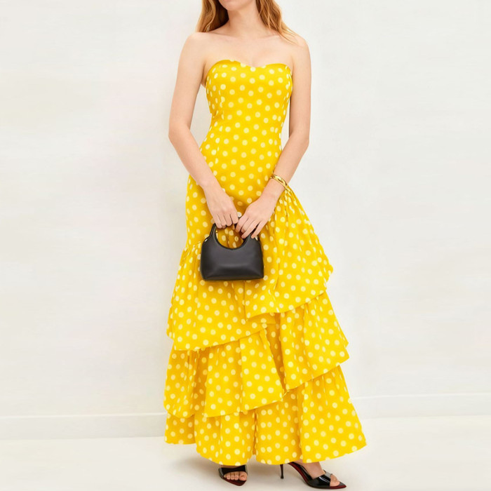 🎀 Elegant Polka Dot Strapless Backless Cake Dress – Sleeveless Layered Waist Party Gown