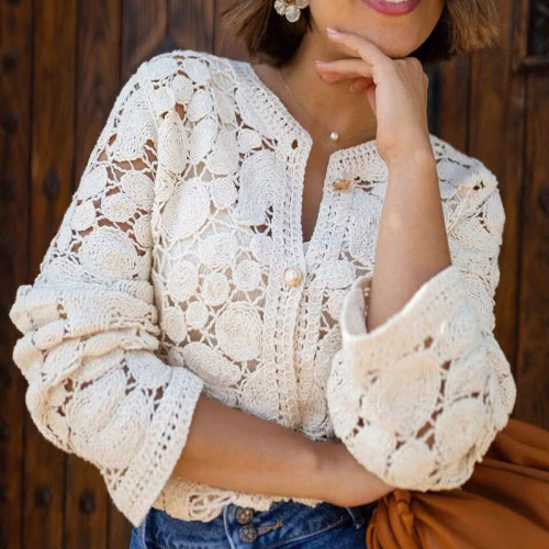 🧶Elegant O-Neck Hollow Knitted Cardigan – Casual Long Sleeve Solid Color Loose Top