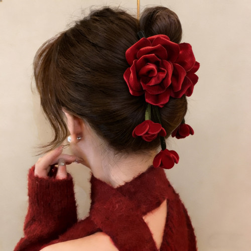 🌹 Red Velvet Rose Hair Claw – Bridal & Valentine's Day Updo Shark Clip