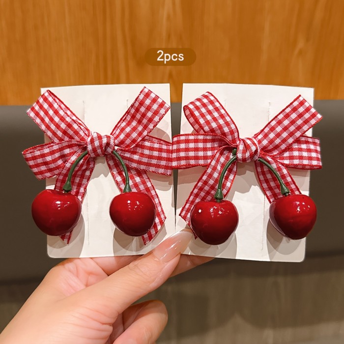Two Korean-Style Sweet Cherry Bow Hair Clips Suitable for Everyday Use