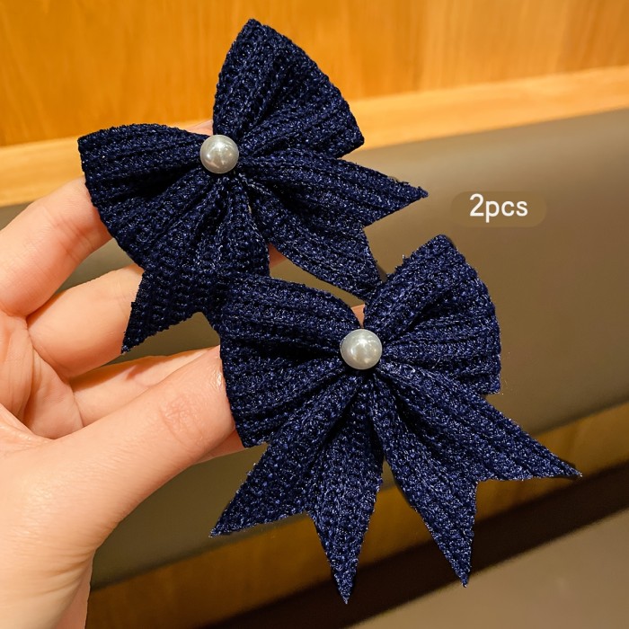 Two Deep Blue Bow Hair Clips, Sweet Style Hairpins Suitable for Everyday Use