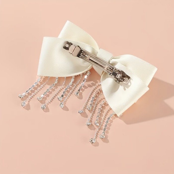 💎 Luxury Rhinestone Tassel Bow Hairpin – Solid Color Spring/Summer Hair Clip for Women