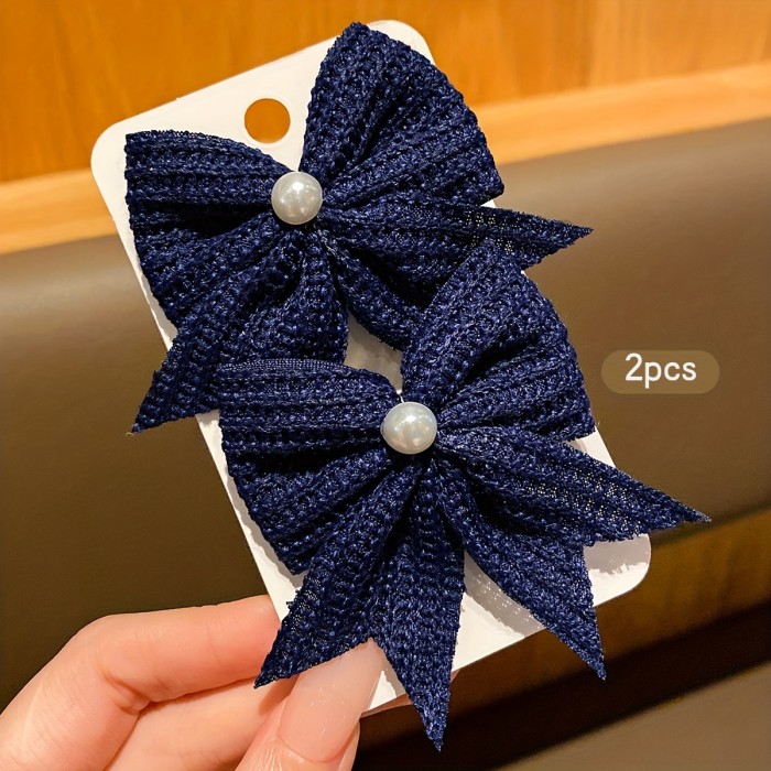 Two Deep Blue Bow Hair Clips, Sweet Style Hairpins Suitable for Everyday Use
