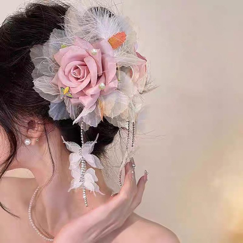 🦋 Fairy Feather Flower Rhinestone Tassel Butterfly Hair Claw – Perfect for Holidays & Weddings