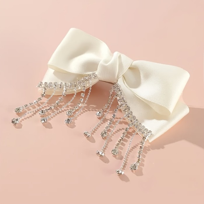 💎 Luxury Rhinestone Tassel Bow Hairpin – Solid Color Spring/Summer Hair Clip for Women