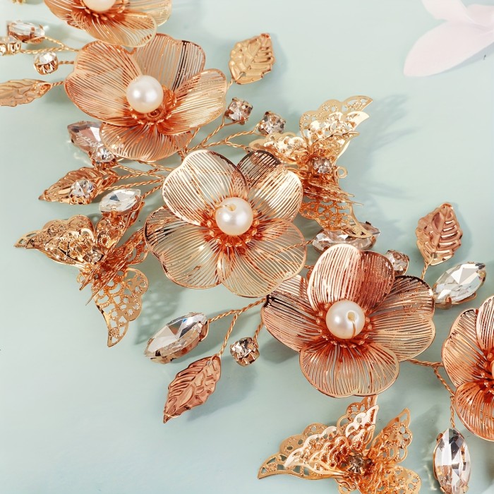🦋 Vintage Luxurious Bridal Hair Accessory – Petal Plate & Hollow Butterfly Side Headband for Weddings