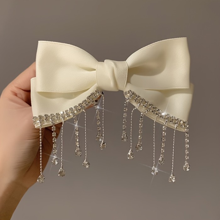 💎 Luxury Rhinestone Tassel Bow Hairpin – Solid Color Spring/Summer Hair Clip for Women
