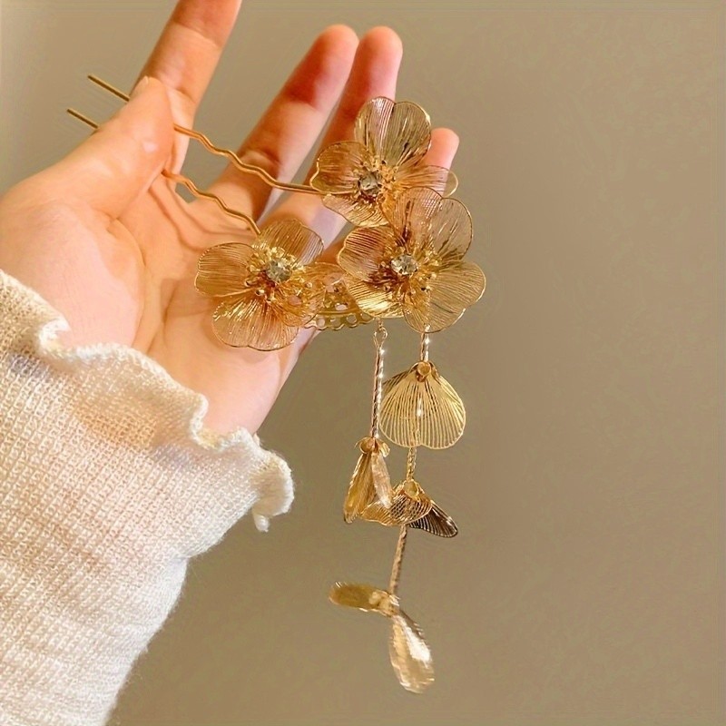 ✨ Elegant Golden Floral Tassel Hair Clip – Vintage Alloy Flower Fairy Tale Hairpin for Women