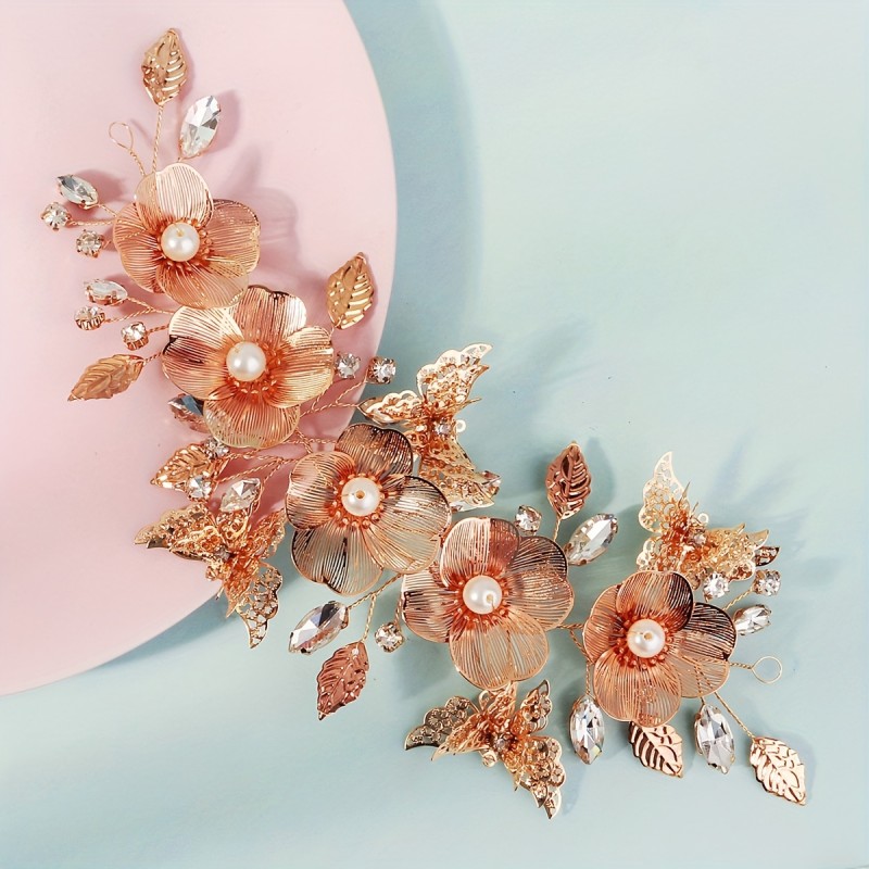 🦋 Vintage Luxurious Bridal Hair Accessory – Petal Plate & Hollow Butterfly Side Headband for Weddings