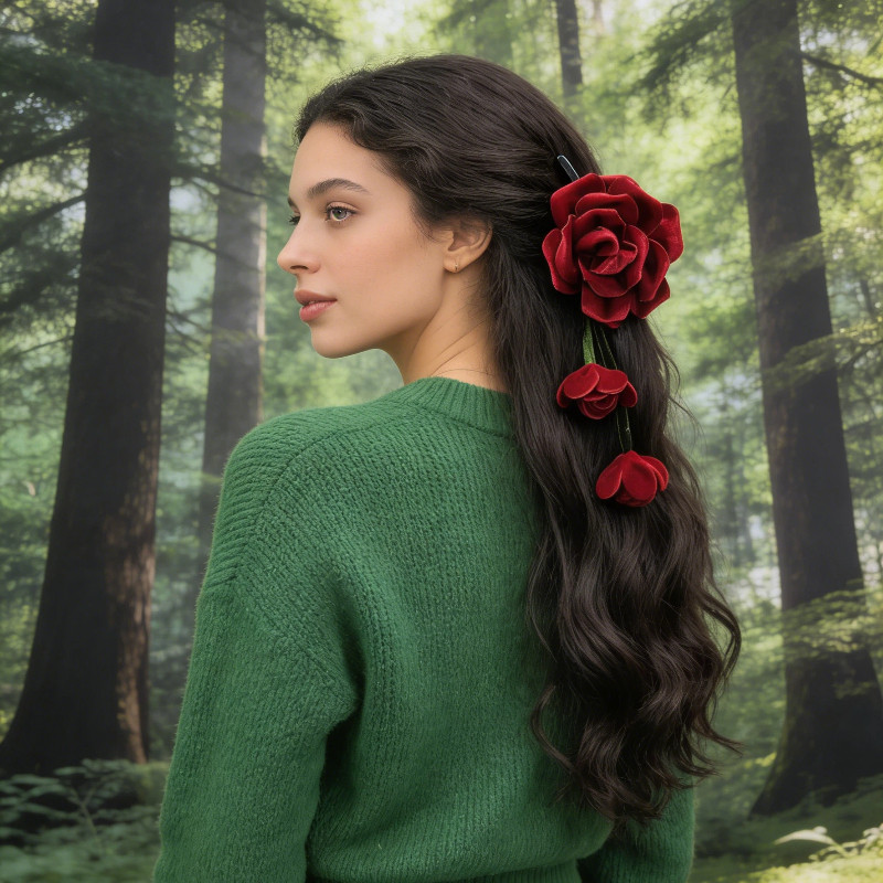 🌹 Red Velvet Rose Hair Claw – Bridal & Valentine's Day Updo Shark Clip