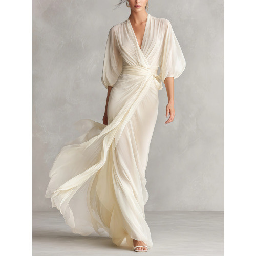 ✨ Elegant Deep V-Neck Flared Sleeve Draped High Waist Party Long Dress