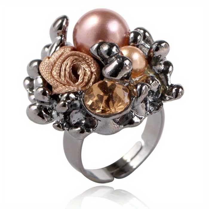 Korean Fashion Rose Opening Adjustable Ring Simple Temperament Elegant Trendy Exaggerated Inlaid Ring Birthday Gift for Women