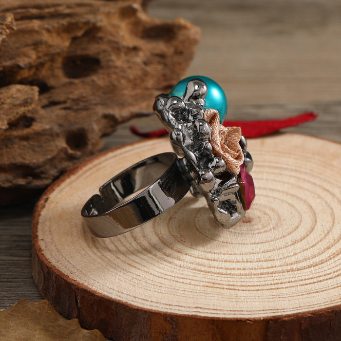 Korean Fashion Rose Opening Adjustable Ring Simple Temperament Elegant Trendy Exaggerated Inlaid Ring Birthday Gift for Women