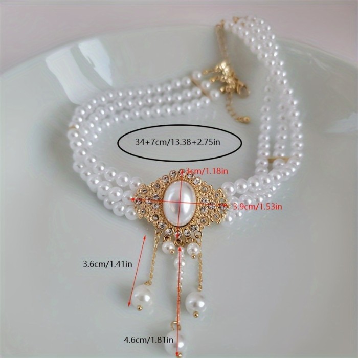Elegant Vintage Oval Faux Pearl Tassel Decorative Necklace Baroque Style Neck Jewelry Gift