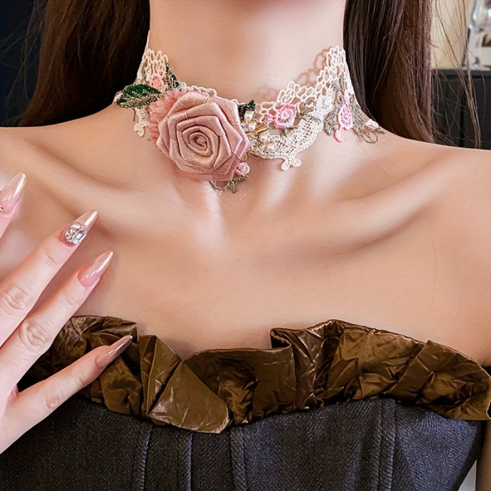 🌹 Sweet Fabric Rose Flower Necklace - Niche Romantic High-End Women's Necklace